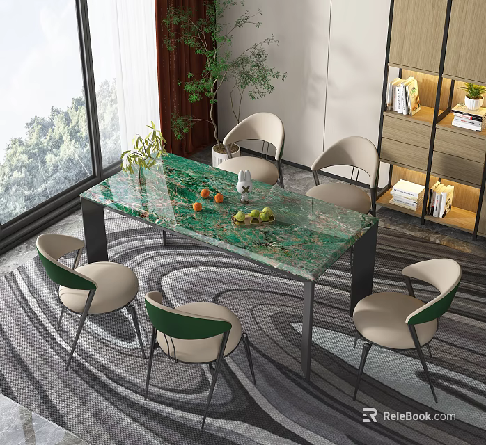 Modern Dining Table Set with Green Marble Top and Upholstered Chairs by Large Windows 3d model 