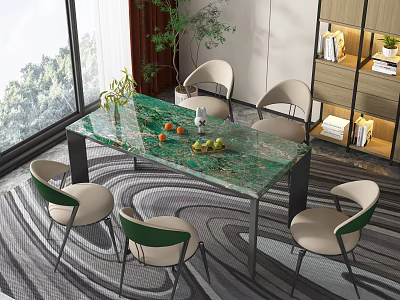 Modern Dining Table Set with Green Marble Top and Upholstered Chairs by Large Windows 3d model