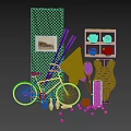 Vintage Sports Equipment Display With Bicycle Paddles Tennis Racket Baseball Gloves And Balls