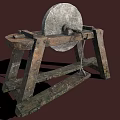 Rustic Decorative Garden Ornament With Stone Millstone And Wooden Stand Structure