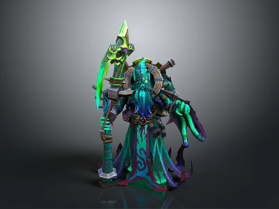 Game And Movie Character With Glowing Green Purple Accents Ornate Robe Tentacle Arms And Spear 3d model