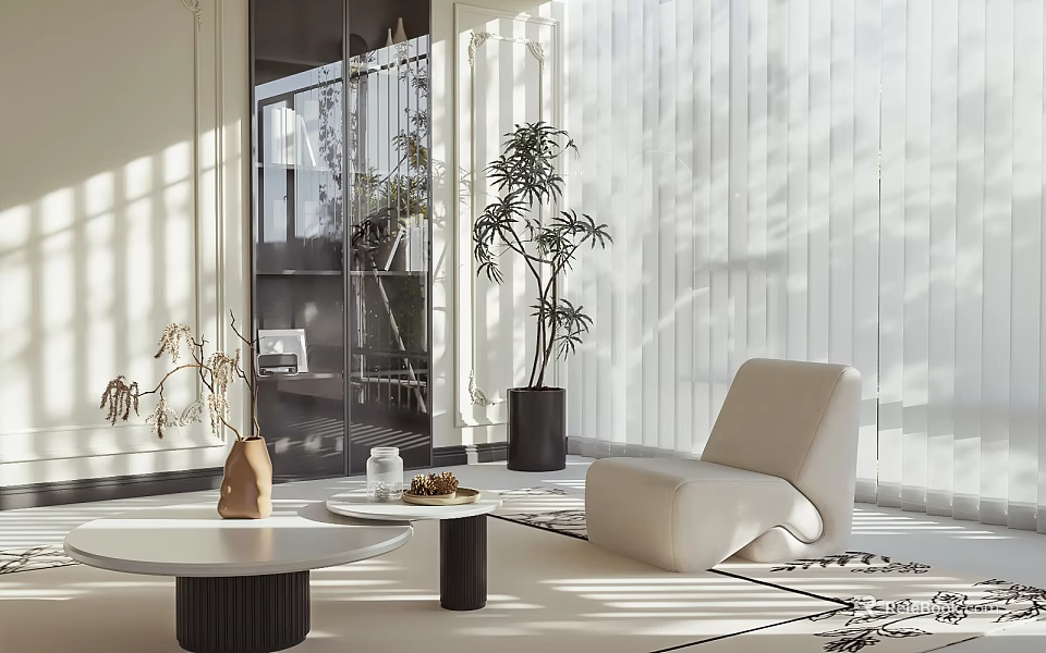Home Balcony Design With Sunlight White Curtains Green Plants Coffee Table And Comfortable Chair 3d model 
