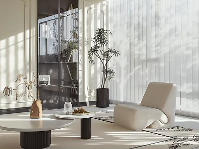 Home Balcony Design With Sunlight White Curtains Green Plants Coffee Table And Comfortable Chair 3d model