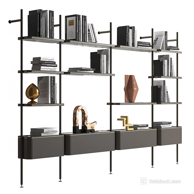 Modern Elegant Bookcase With Open Shelves Drawers Books And Decorative Items 3d model 