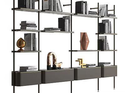 Modern Elegant Bookcase With Open Shelves Drawers Books And Decorative Items 3d model