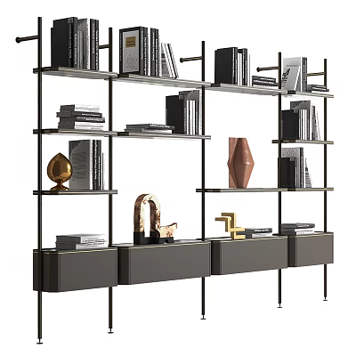 Modern Elegant Bookcase With Open Shelves Drawers Books And Decorative Items 3d model
