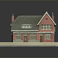 Red Brick Building Model With Green Roof Chimney Windows And Doors