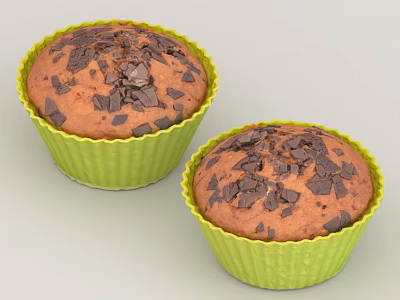 Delicious Cupcakes In Green Paper Cups With Chocolate Chips Topping 3d model