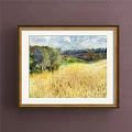 Framed Landscape Painting with Golden Wheat Field Green Trees and Blue Sky