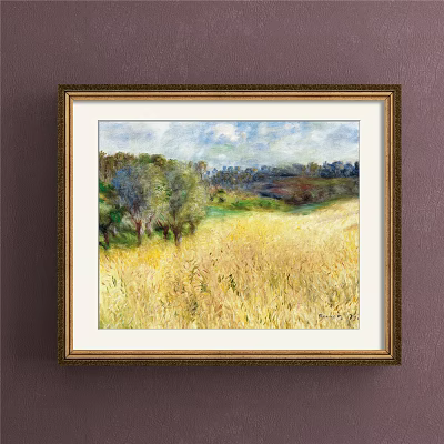 Framed Landscape Painting with Golden Wheat Field Green Trees and Blue Sky 3d model