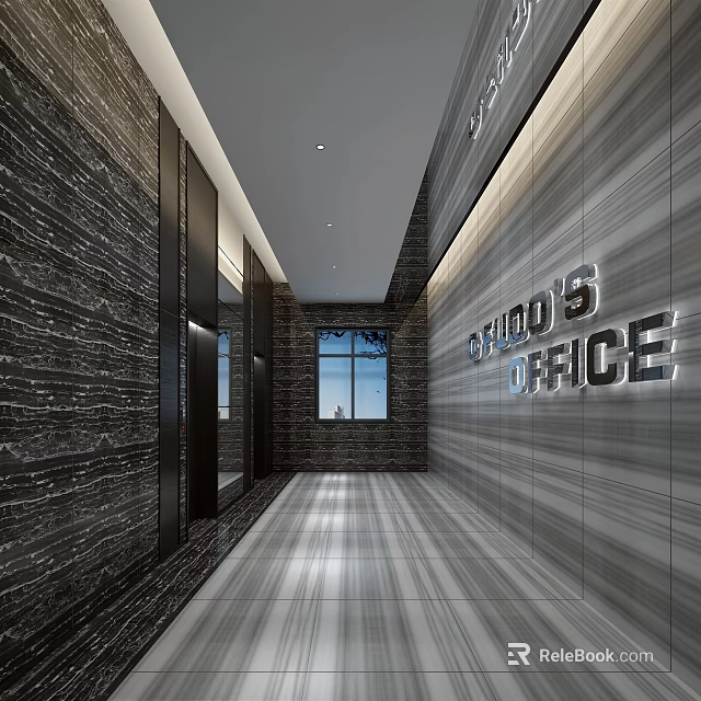 Modern Spacious Elevator Hallway Interior With Marble Walls Lighting Window And Office Signage 3d model