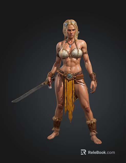 Female Warrior Character With Leather Outfit Holding Sword And Decorative Accessories 3d model 