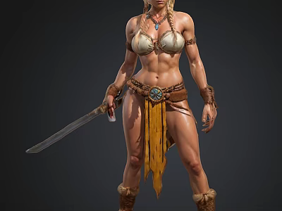 Female Warrior Character With Leather Outfit Holding Sword And Decorative Accessories 3d model