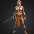 Female Warrior Character With Leather Outfit Holding Sword And Decorative Accessories