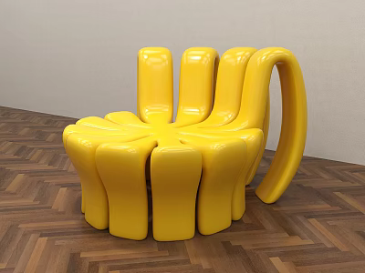 Yellow Outdoor Chair with Unique Curved Structure on Wooden Floor Modern Space 3d model