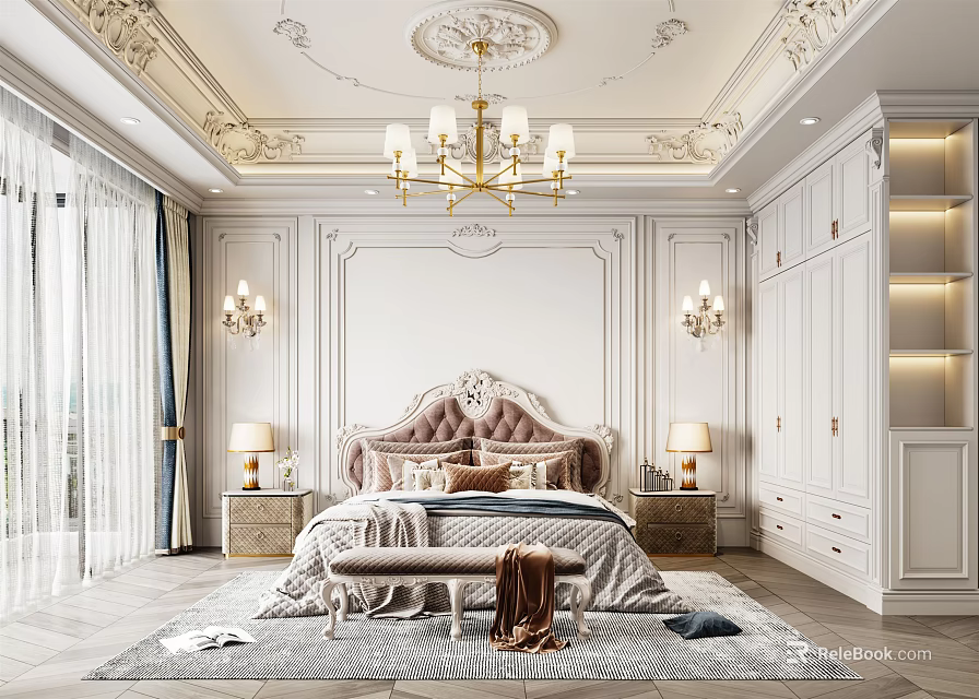 Luxurious Bedroom Interior Design With Ornate Ceiling Chandelier Upholstered Headboard Nightstands And Rug 3d model 