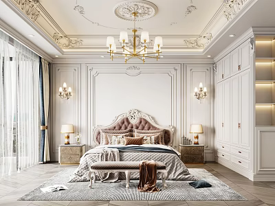 Luxurious Bedroom Interior Design With Ornate Ceiling Chandelier Upholstered Headboard Nightstands And Rug 3d model