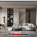 Modern Living Room Interior Design With Sofa Armchairs Coffee Table Bookshelf Sculpture And Plant