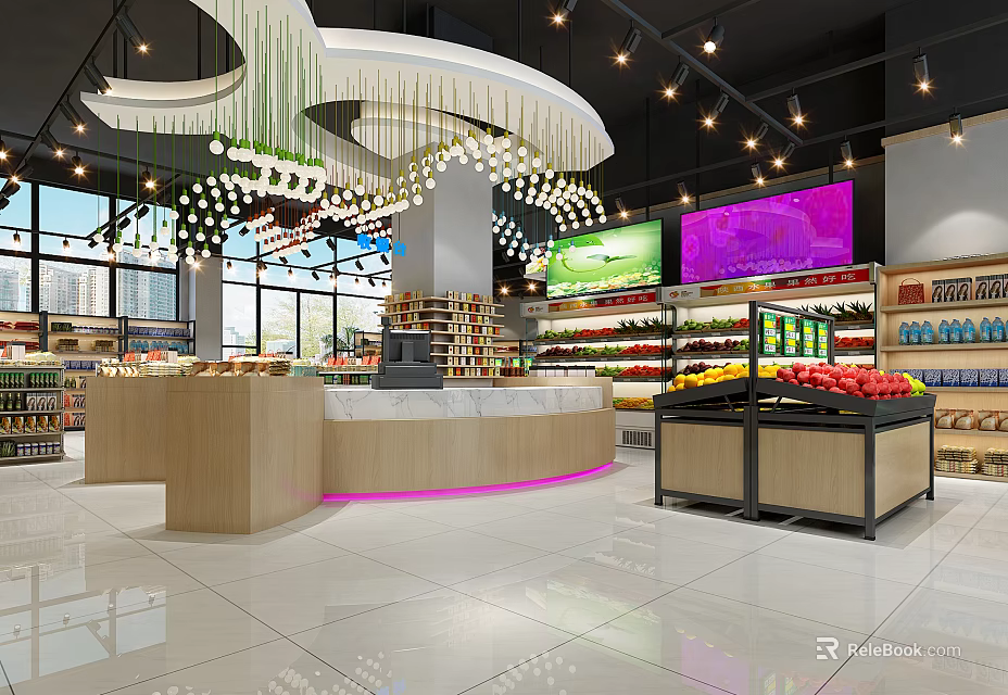 Bright Modern Supermarket Department Store With Fresh Fruits Vegetables And Checkout Counter 3d model 