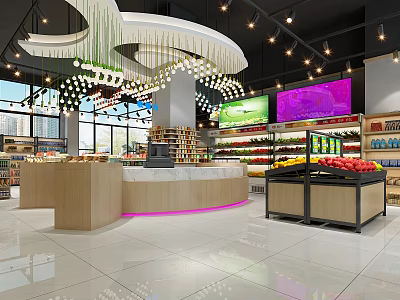 Bright Modern Supermarket Department Store With Fresh Fruits Vegetables And Checkout Counter 3d model