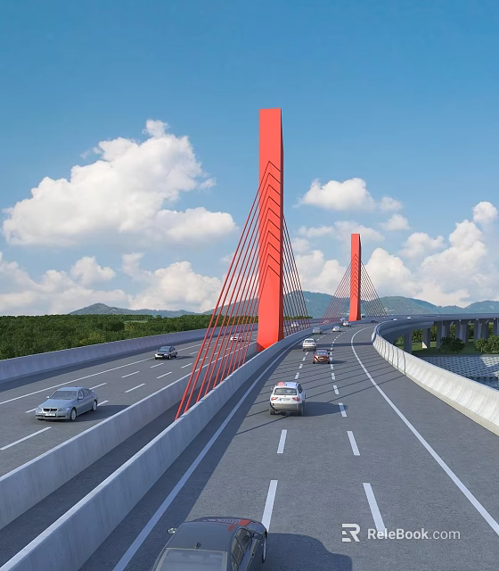 Red Bridge with Tall Towers Cables and Vehicles on Deck Under Blue Sky with Clouds 3d model 