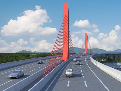 Red Bridge with Tall Towers Cables and Vehicles on Deck Under Blue Sky with Clouds 3d model