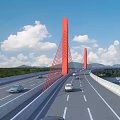 Red Bridge with Tall Towers Cables and Vehicles on Deck Under Blue Sky with Clouds
