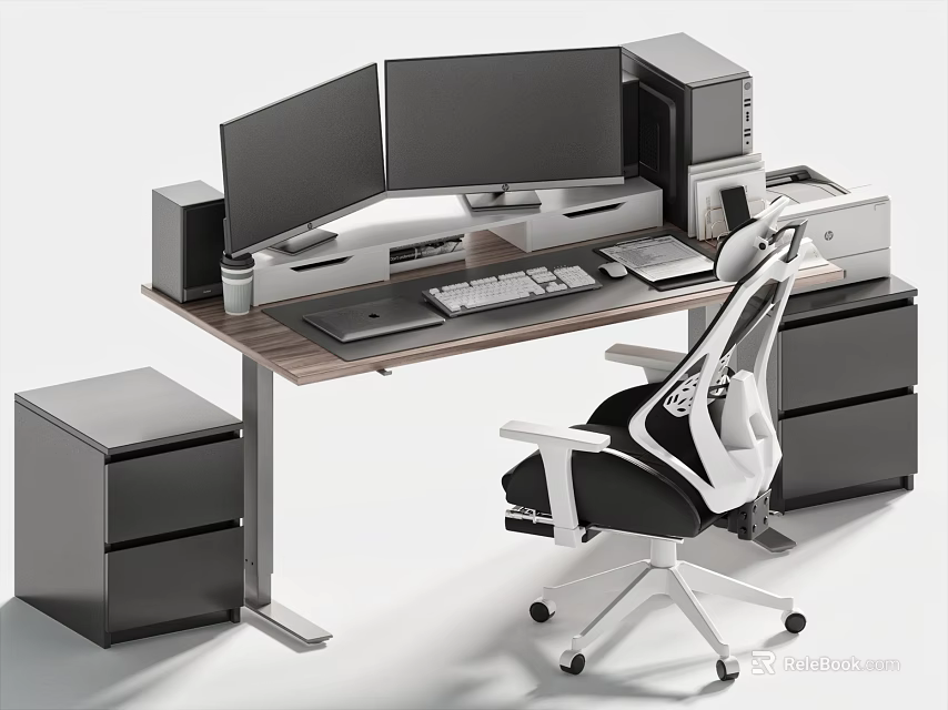 Modern Office Desk Setup With Dual Monitors Keyboard Mouse Filing Cabinet And Ergonomic Chair 3d model 