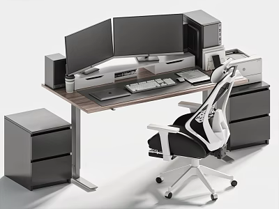Modern Office Desk Setup With Dual Monitors Keyboard Mouse Filing Cabinet And Ergonomic Chair 3d model