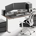 Modern Office Desk Setup With Dual Monitors Keyboard Mouse Filing Cabinet And Ergonomic Chair