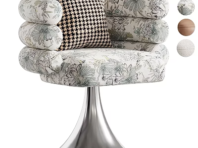 Floral Pattern Accent Chair With Black And White Checkered Pillow And Metal Base 3d model