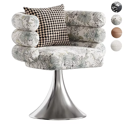 Floral Pattern Accent Chair With Black And White Checkered Pillow And Metal Base 3d model