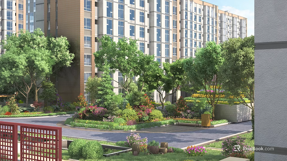 Garden Landscape in Front of High Rise Buildings with Trees Flowers Plants Bench and Pathway 3d model 