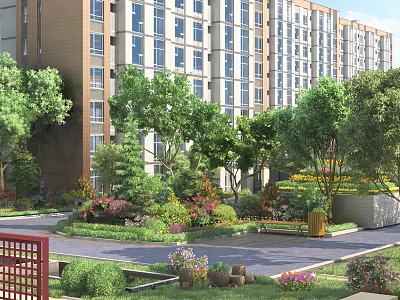 Garden Landscape in Front of High Rise Buildings with Trees Flowers Plants Bench and Pathway 3d model