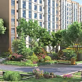 Garden Landscape in Front of High Rise Buildings with Trees Flowers Plants Bench and Pathway