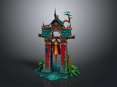 Chinese Traditional Musical Instruments And Painting Tools With Decorative Bell And Green Roof Design 3d model