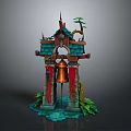 Chinese Traditional Musical Instruments And Painting Tools With Decorative Bell And Green Roof Design