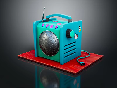 Blue Portable Radio Style Speaker with Antenna Pink Buttons and Cartoon Pattern on Red Mat 3d model
