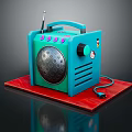 Blue Portable Radio Style Speaker with Antenna Pink Buttons and Cartoon Pattern on Red Mat