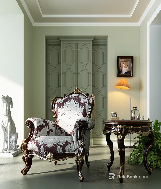 Elegant Purple White Patterned Accent Chair With Green Geometric Wall Table Lamp And Side Table 3d model 