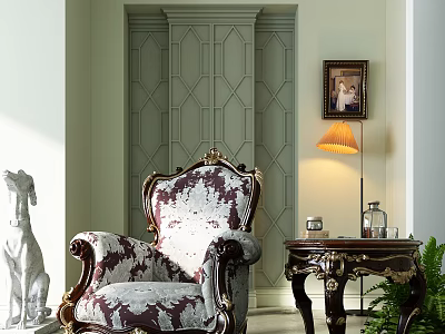 Elegant Purple White Patterned Accent Chair With Green Geometric Wall Table Lamp And Side Table 3d model