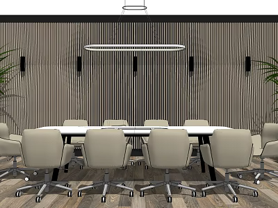 Modern Conference Table With Beige Office Chairs Striped Wall And Pendant Light Interior Design 3d model