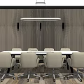 Modern Conference Table With Beige Office Chairs Striped Wall And Pendant Light Interior Design