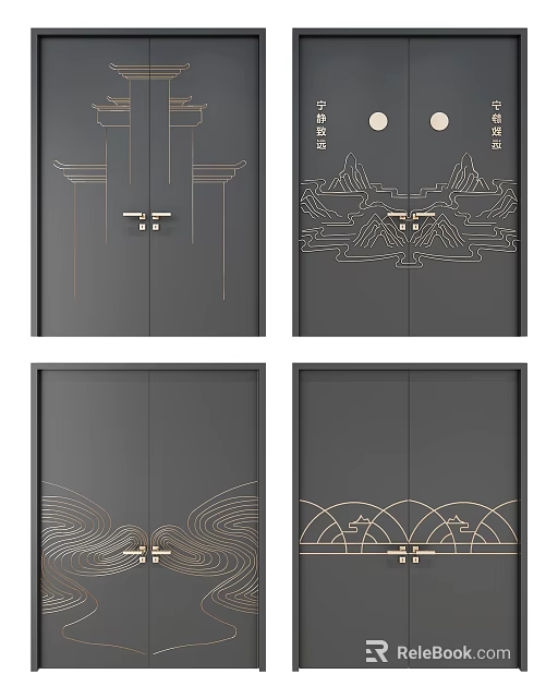 Dark Gray Double Doors With Golden Line Decorations And Chinese Style Patterns 3d model 