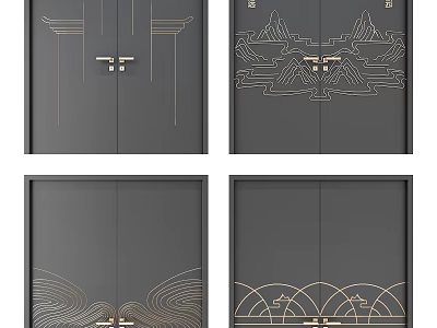 Dark Gray Double Doors With Golden Line Decorations And Chinese Style Patterns 3d model