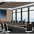 Modern Conference Room Interior With Long Wooden Table Ergonomic Chairs Large Projection Screen And Windows