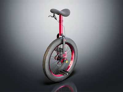 Red Frame Unicycle with Black Seat and Large Wheel Design 3d model