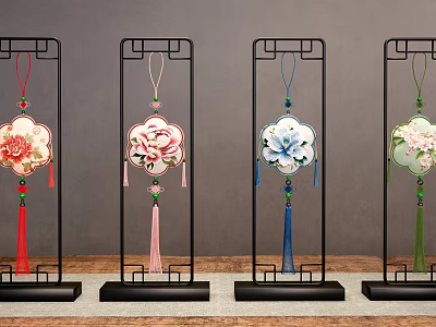 Traditional Chinese Decorative Pendants With Colorful Floral Patterns And Tassel Details 3d model