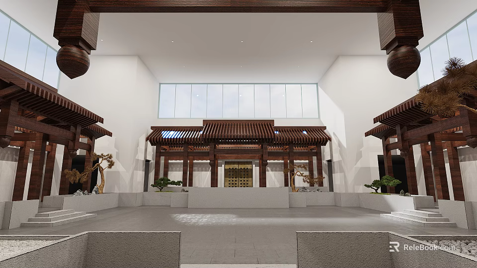 Traditional Chinese Hall Interior With Wooden Roof Symmetric Design And Decorative Plants 3d model 