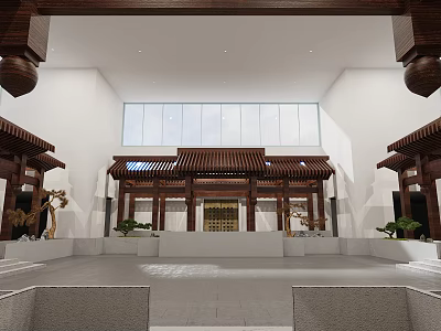 Traditional Chinese Hall Interior With Wooden Roof Symmetric Design And Decorative Plants 3d model